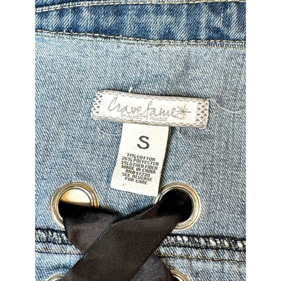Crave Fame Denim Crop Jacket Distressed Hem Lace-Up Back Size Small - Picture 3 of 14
